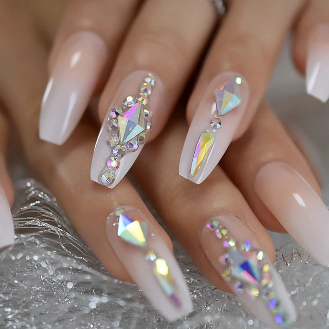 Luxury Fake Nails Designer Extra Long Ombre French Jewelry Pre-designed Nails Natural Stiletto AB Stones Decoration Tips