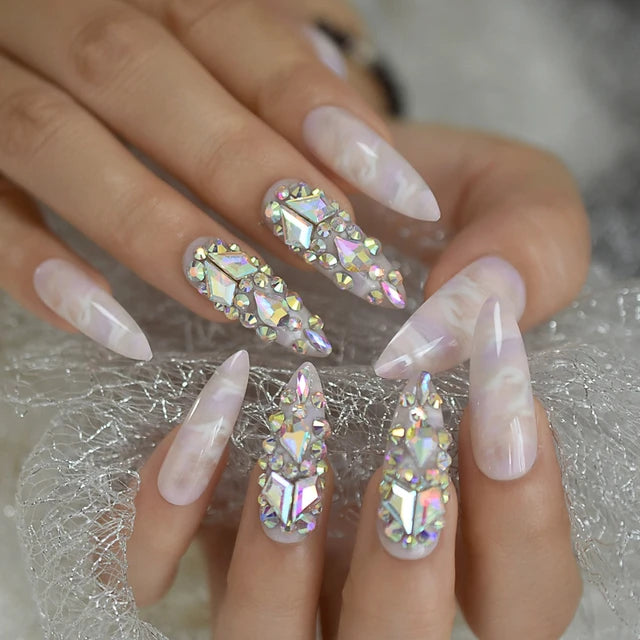 Luxury Fake Nails Designer Extra Long Ombre French Jewelry Pre-designed Nails Natural Stiletto AB Stones Decoration Tips