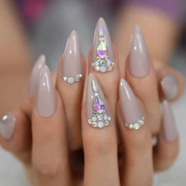 Luxury Fake Nails Designer Extra Long Ombre French Jewelry Pre-designed Nails Natural Stiletto AB Stones Decoration Tips