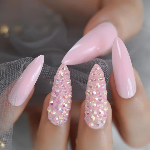 Luxury Fake Nails Designer Extra Long Ombre French Jewelry Pre-designed Nails Natural Stiletto AB Stones Decoration Tips