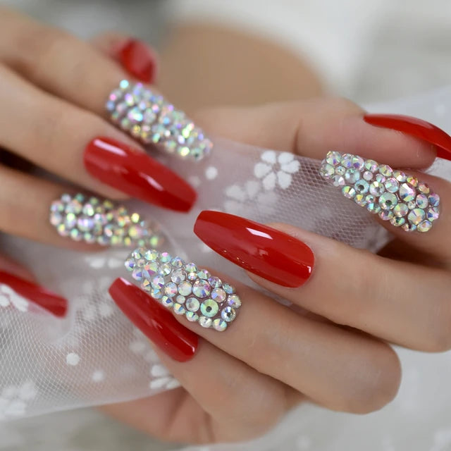 Luxury Fake Nails Designer Extra Long Ombre French Jewelry Pre-designed Nails Natural Stiletto AB Stones Decoration Tips