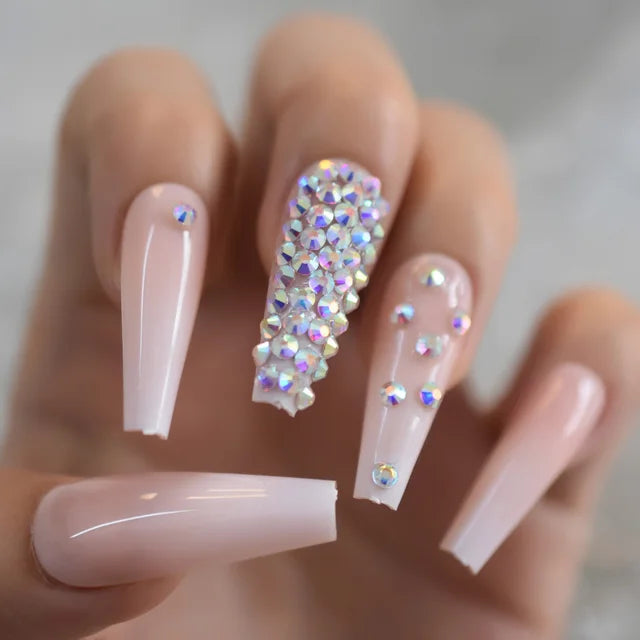 Luxury Fake Nails Designer Extra Long Ombre French Jewelry Pre-designed Nails Natural Stiletto AB Stones Decoration Tips