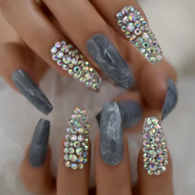 Luxury Fake Nails Designer Extra Long Ombre French Jewelry Pre-designed Nails Natural Stiletto AB Stones Decoration Tips