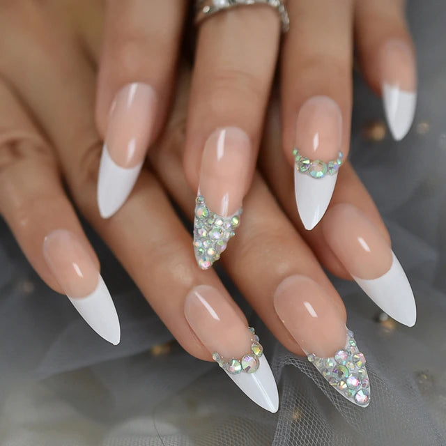 Luxury Fake Nails Designer Extra Long Ombre French Jewelry Pre-designed Nails Natural Stiletto AB Stones Decoration Tips