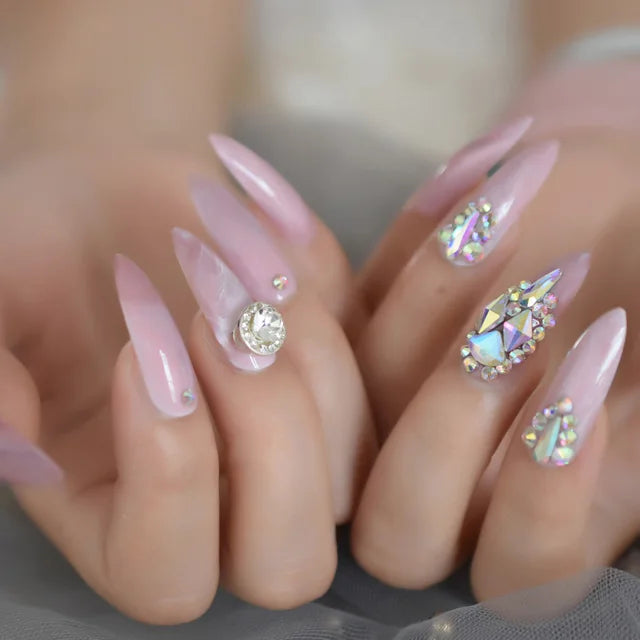 Luxury Fake Nails Designer Extra Long Ombre French Jewelry Pre-designed Nails Natural Stiletto AB Stones Decoration Tips