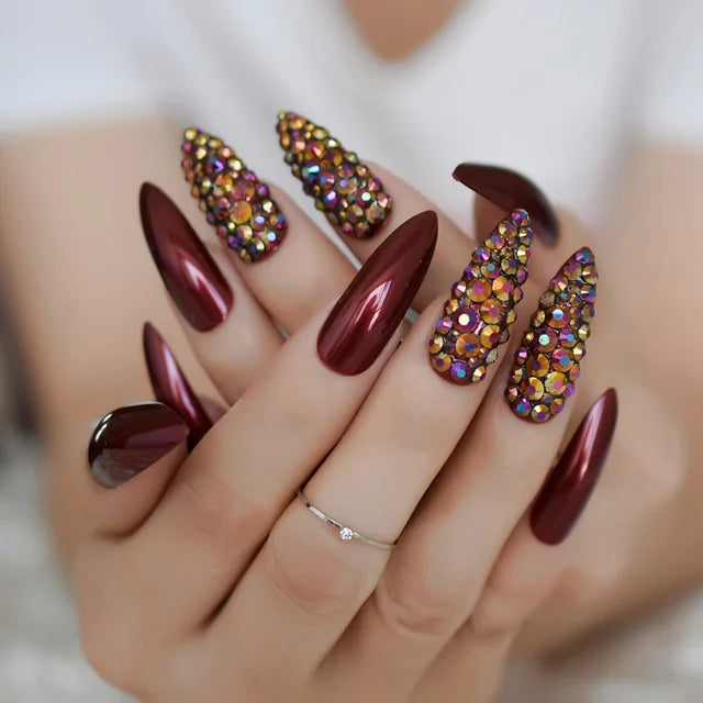 Luxury Fake Nails Designer Extra Long Ombre French Jewelry Pre-designed Nails Natural Stiletto AB Stones Decoration Tips