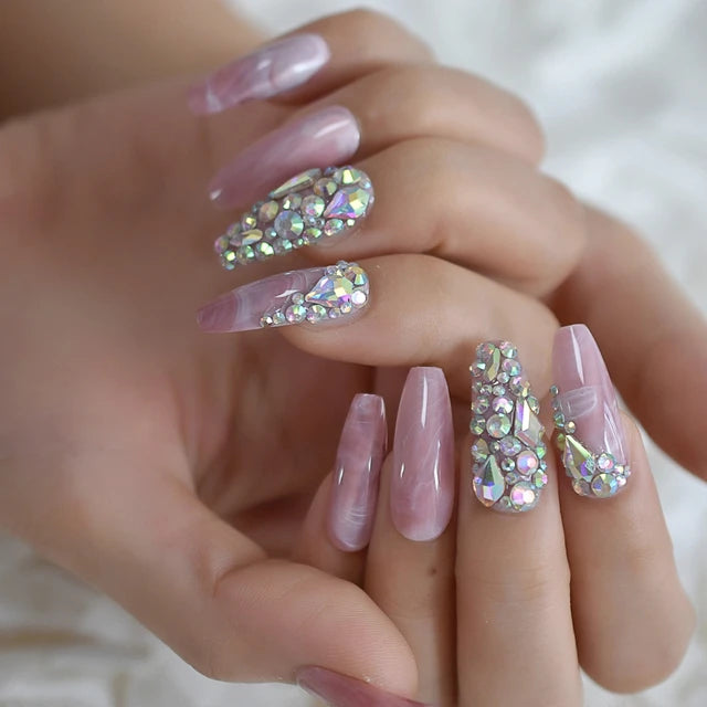 Luxury Fake Nails Designer Extra Long Ombre French Jewelry Pre-designed Nails Natural Stiletto AB Stones Decoration Tips