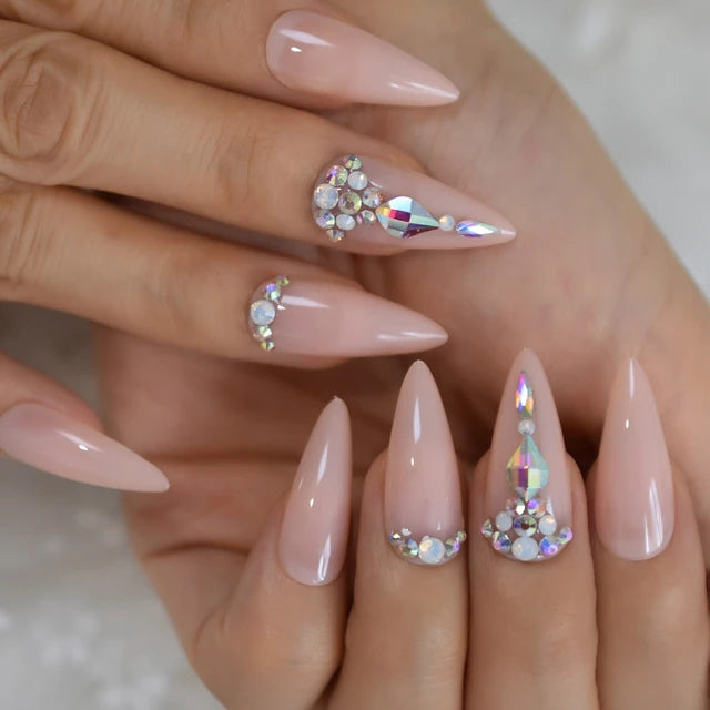 Luxury Fake Nails Designer Extra Long Ombre French Jewelry Pre-designed Nails Natural Stiletto AB Stones Decoration Tips