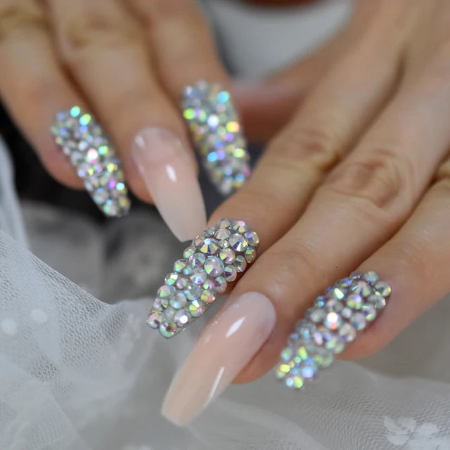 Luxury Fake Nails Designer Extra Long Ombre French Jewelry Pre-designed Nails Natural Stiletto AB Stones Decoration Tips