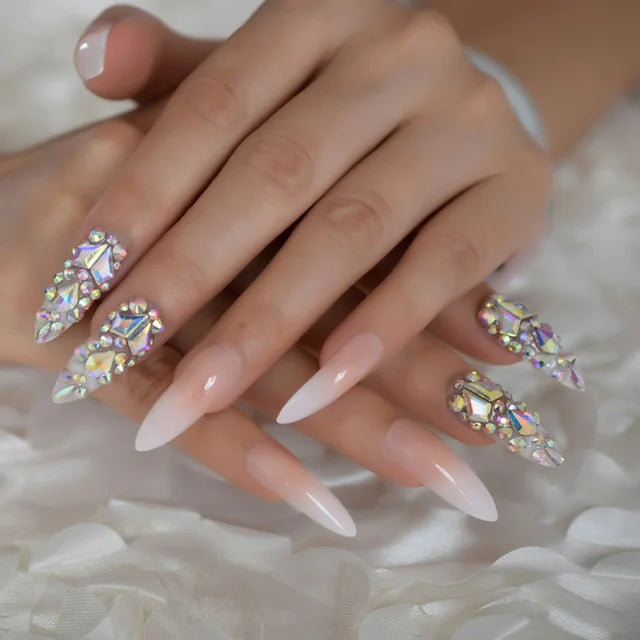Luxury Fake Nails Designer Extra Long Ombre French Jewelry Pre-designed Nails Natural Stiletto AB Stones Decoration Tips