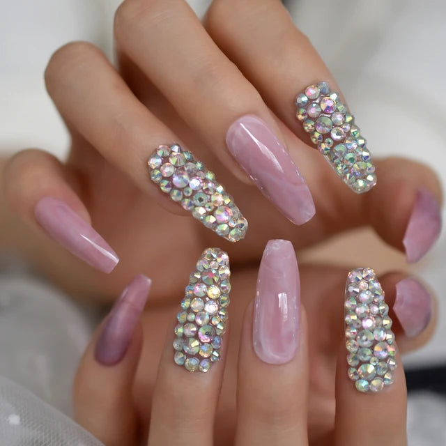 Luxury Fake Nails Designer Extra Long Ombre French Jewelry Pre-designed Nails Natural Stiletto AB Stones Decoration Tips