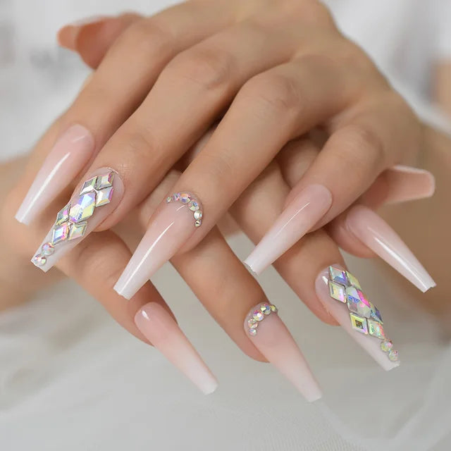 Luxury Fake Nails Designer Extra Long Ombre French Jewelry Pre-designed Nails Natural Stiletto AB Stones Decoration Tips