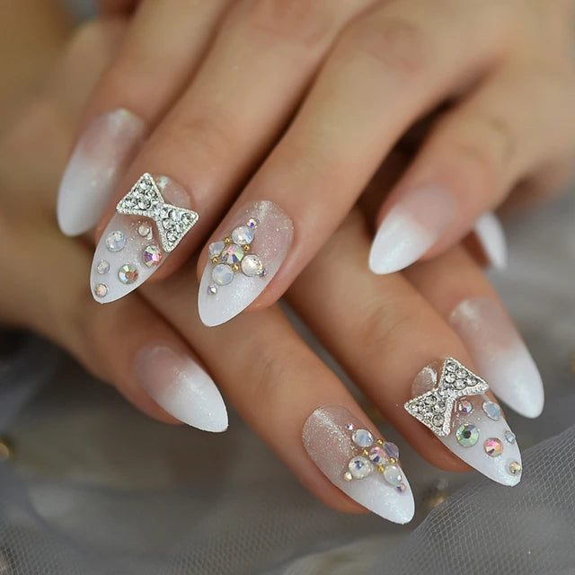 Luxury Fake Nails Designer Extra Long Ombre French Jewelry Pre-designed Nails Natural Stiletto AB Stones Decoration Tips