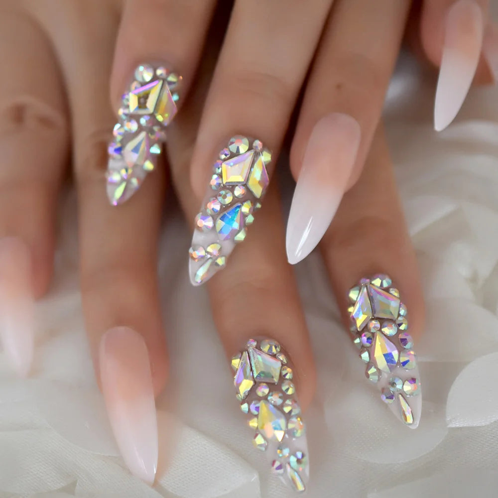 Luxury Fake Nails Designer Extra Long Ombre French Jewelry Pre-designed Nails Natural Stiletto AB Stones Decoration Tips