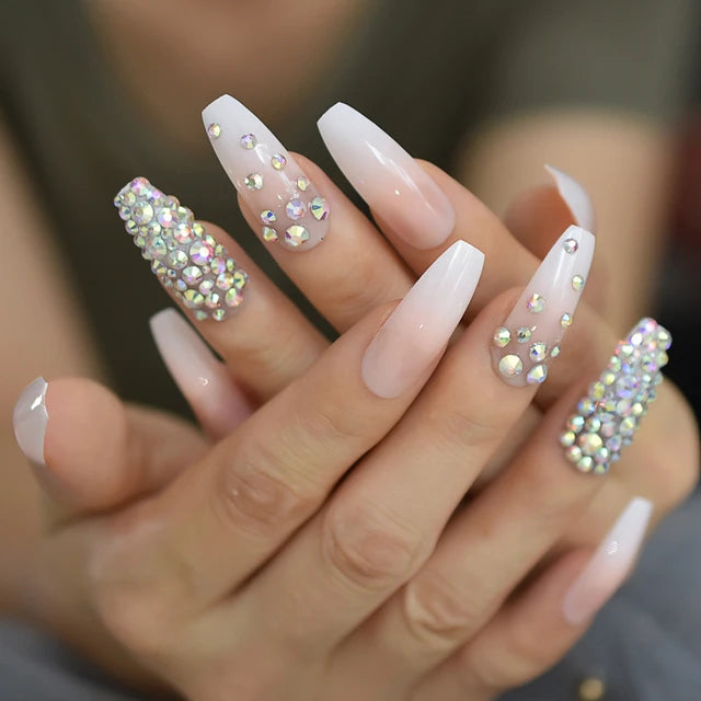 Ombre Jewelry Fake Nails Easy Designed Hand Painted Custom Press On Nails Extra Long Stiletto Designer Tips