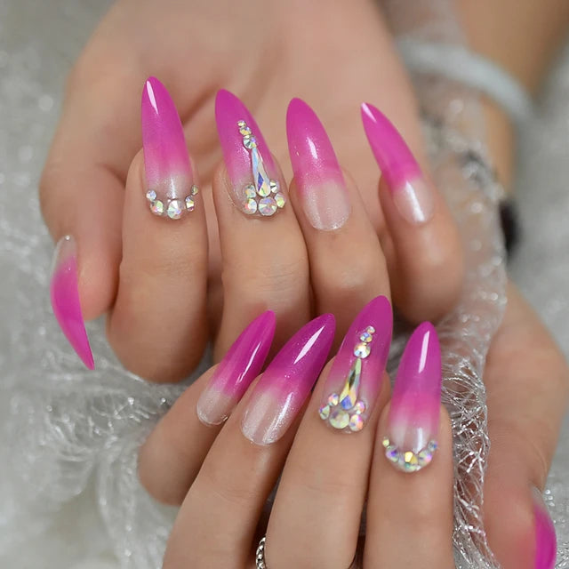Ombre Jewelry Fake Nails Easy Designed Hand Painted Custom Press On Nails Extra Long Stiletto Designer Tips