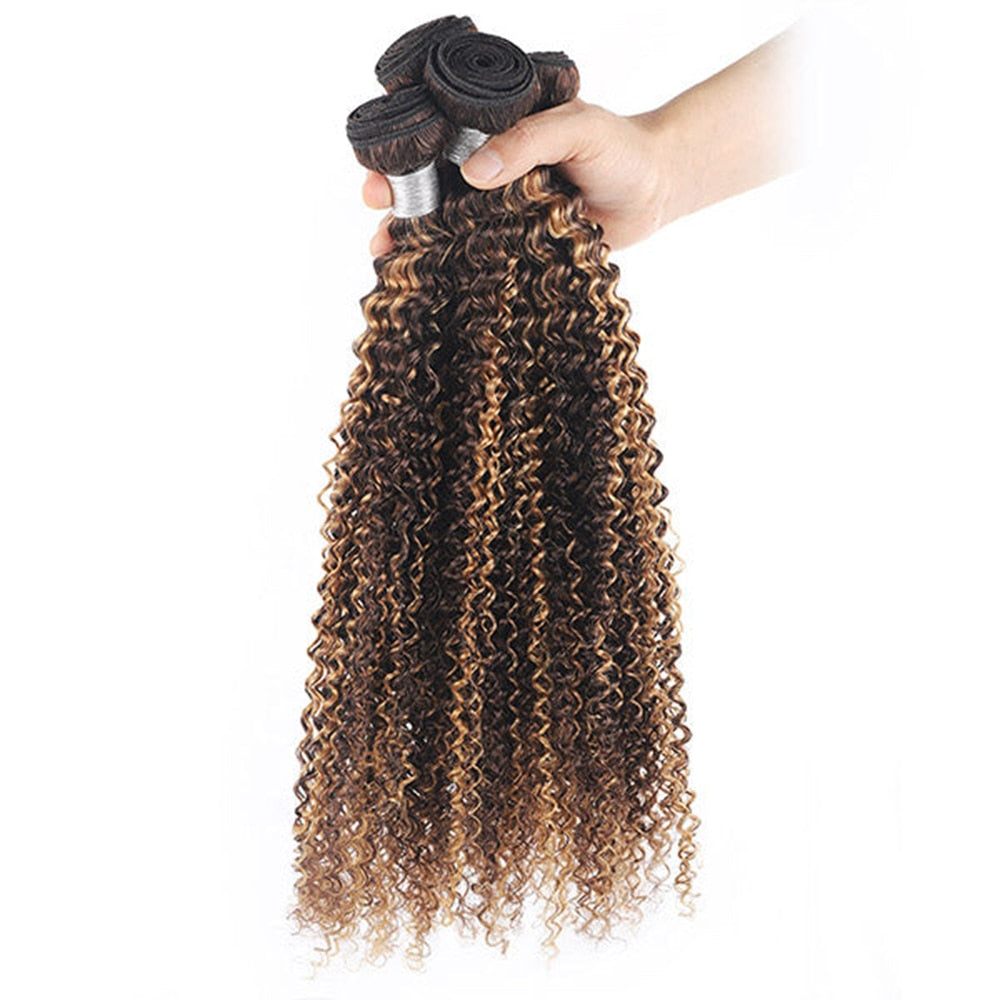 P4/27 Honey Blonde And Brown Jerry Curly Human Hair Bundles With 4x4 Lace Closure Peruvian Remy Hair Extention 220g/Set 10-24In