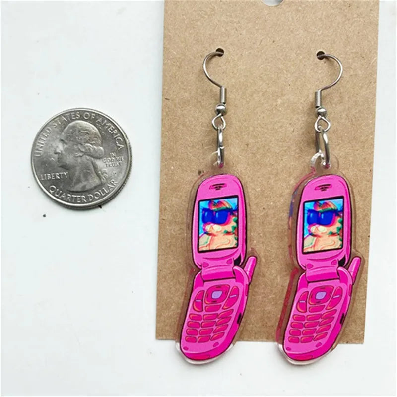 Steam Wave Flip Phone Earrings Vintage Fashion Jewelry Personalized Unique Acrylic Double-sided Printing Novel Jewelry for Women