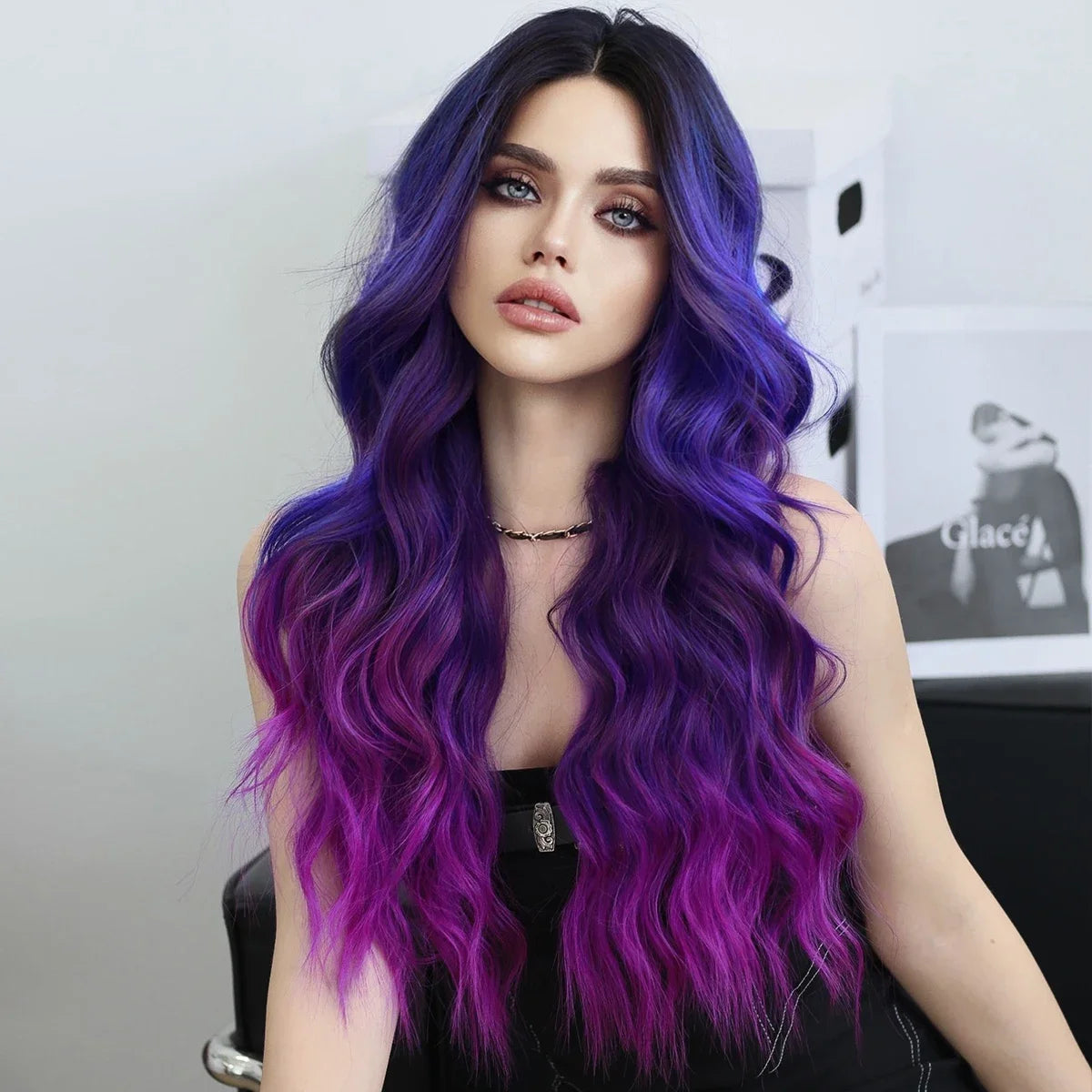 HD Transparent Lace Front Wig Blue Ombre Purple Body Wavy Wigs with Bangs
