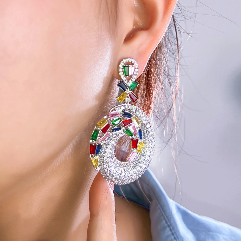 ThreeGraces Personality Multicolor CZ Zircon Nigerian Bridal Wedding Long Dangle Drop Earrings for Women Chic Prom Jewelry E1143