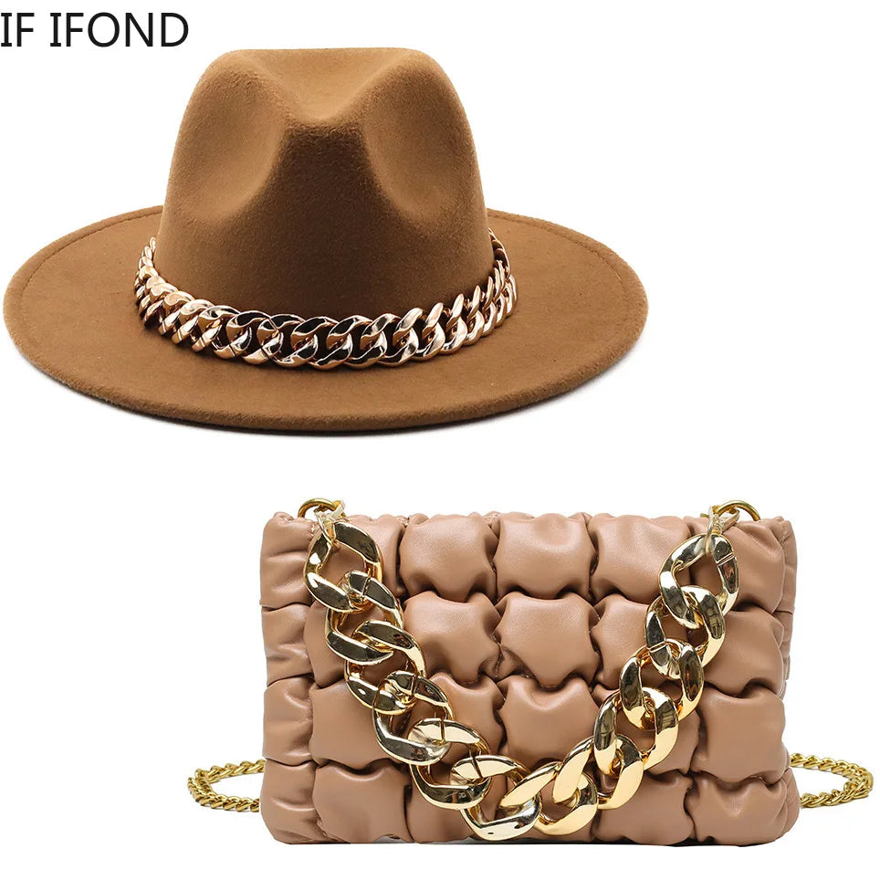 Jazzy Fedora Hats With Oversized Chain Accessory Bag One or Two Piecies