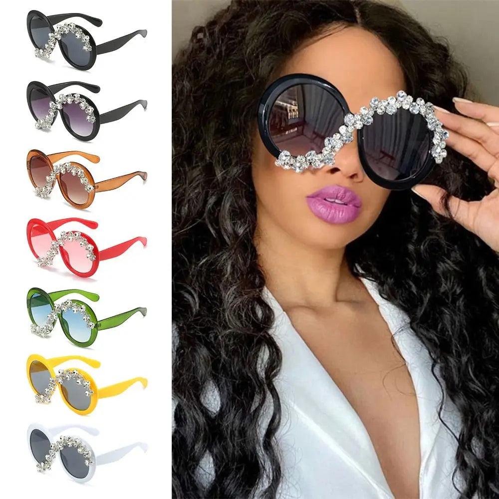 Oversized Round Frame Sunglasses Rhinestone Decor UV400 Protection Eyeglasses Asymmetrical Design Aesthetic Sun Glasses