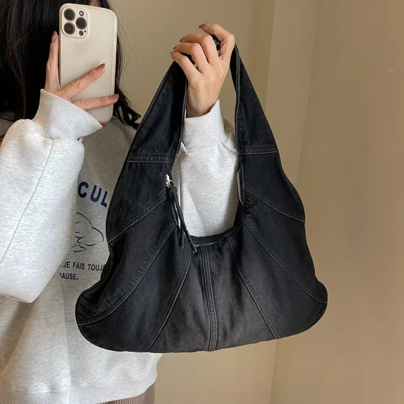 2023 New Winter Korean Fashion Shoulder Bag Lady Handbags Big Patchwork Denim Underarm Bags For Women Designer Bag And Purse