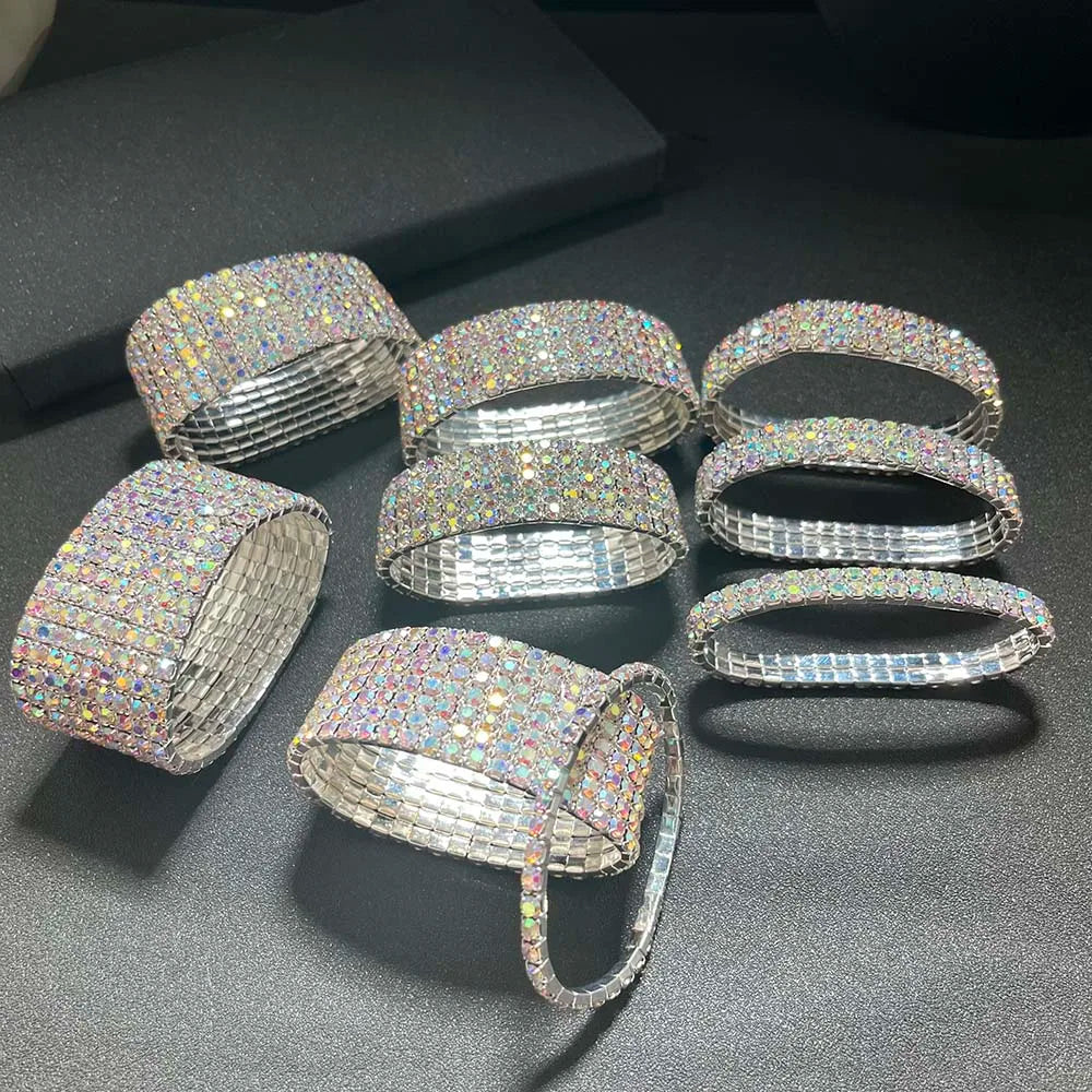 TREAZY Stunning AB Color Rhinestones Wedding Bangles Silver Plated Crystal Stretch Bracelet for Women Wristband Elastic Jewelry