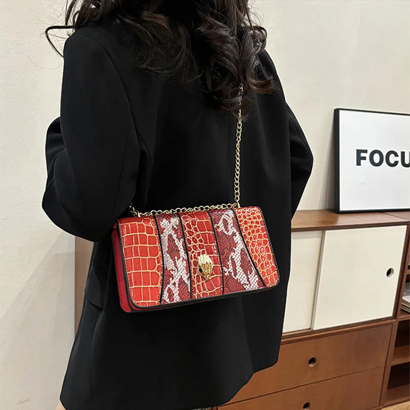 2024 New Versatile Shoulder Bag Eagle Head Snake Pattern Splicing Design Fashion Chain Clutch Bag Simple Commuting Crossbody Bag