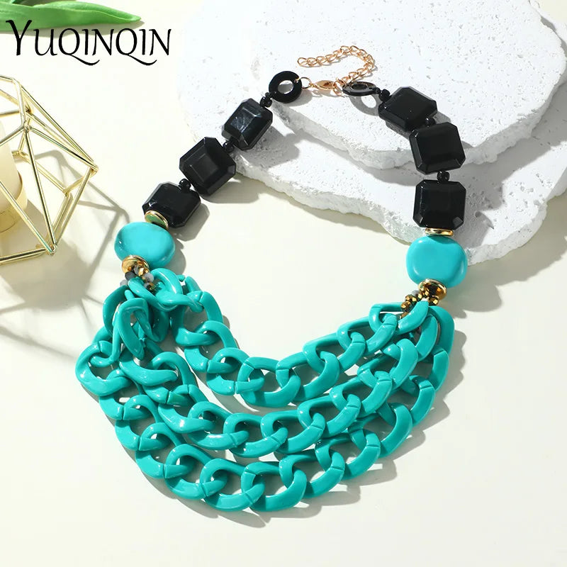 Vintage Big Green Resin Bib Necklaces Multi-layer Chain Pendant Necklace