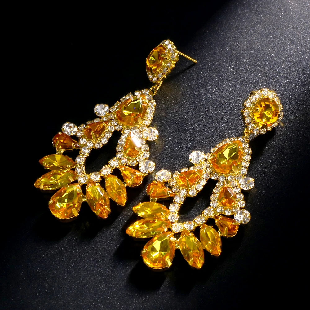 Bohemian Yellow Rhinestone Water Drop Geometric Earrings