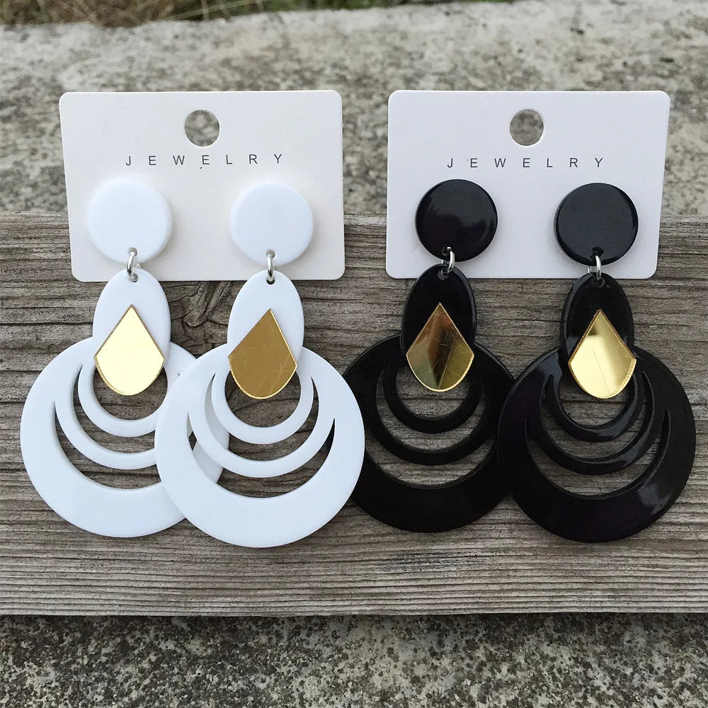 FishSheep Black Acrylic Geometric hollowed Drop Earrings