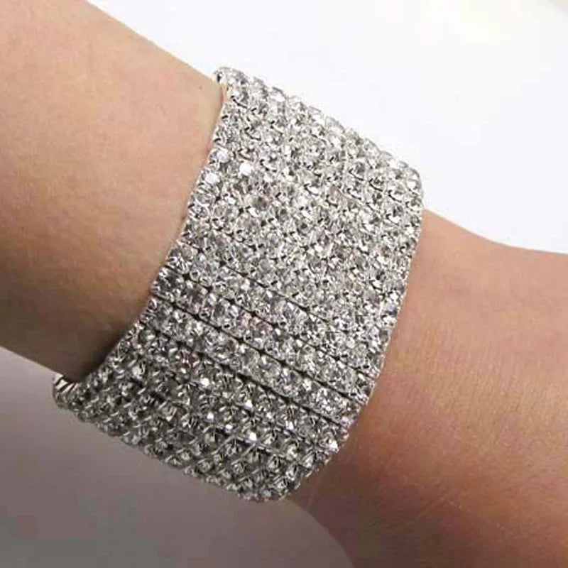 10 Rows Diamante Rhinestone Bangle Bracelet Stretch Wristband