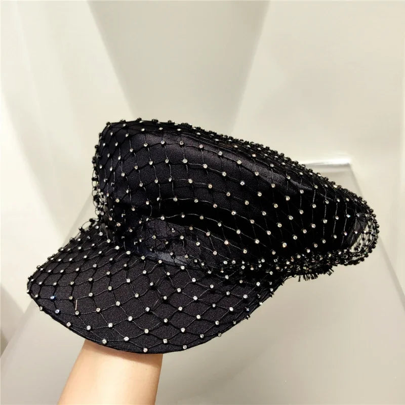 Italian Handmade Rhinestone Navy hat French Socialite Style Mesh Beret