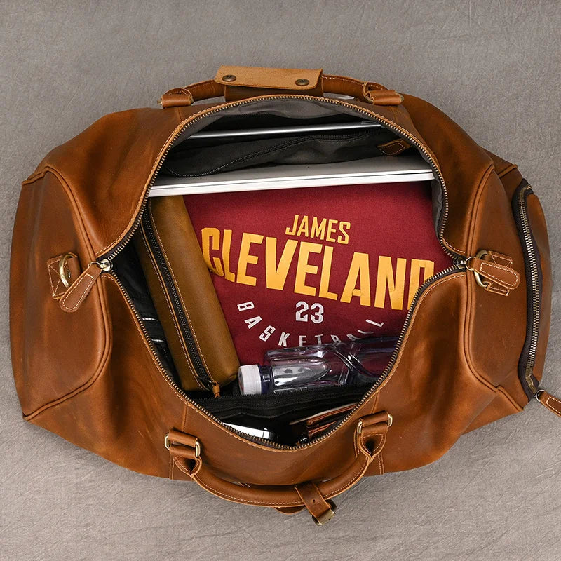 Custom Name Mens Leather Travel Duffle Bag Cow Leather Men's Weekender Bags Real Cowskin Leather Handbags For Travelling Outdoor