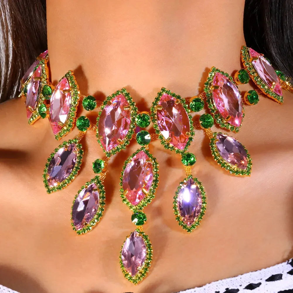 Exaggerated Geometric Pink and Green Rhinestone Necklace