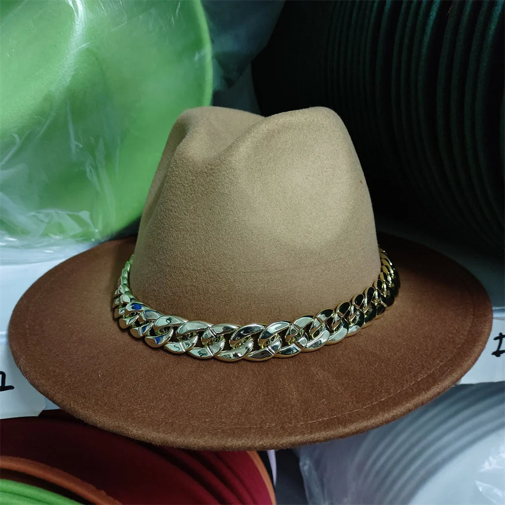Felt Fedoras Women Patchwork Wide Brim Chain Accessory