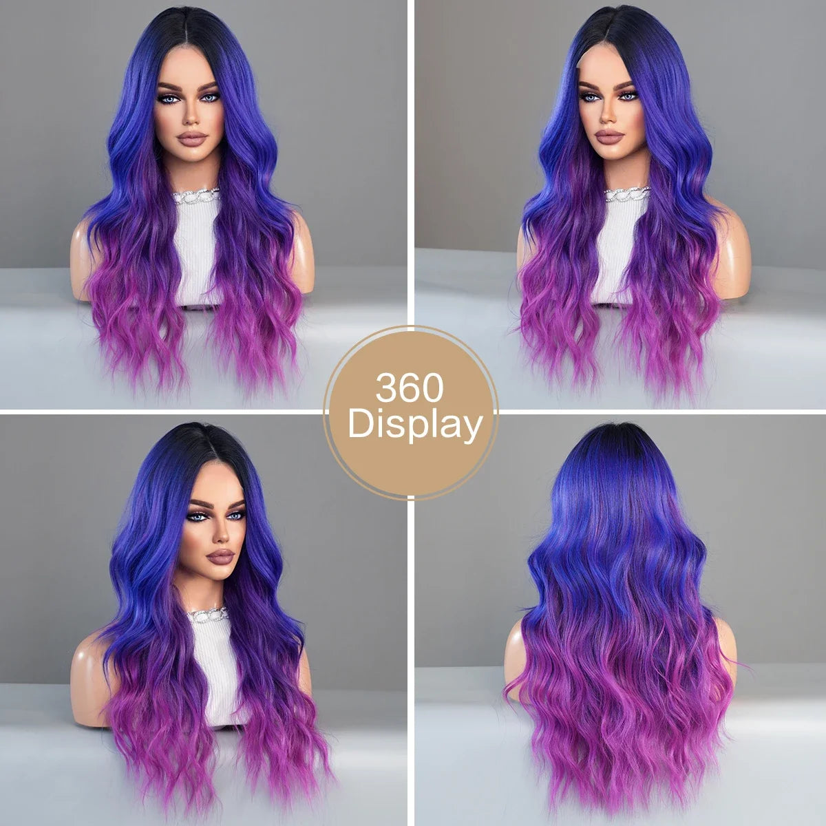 HD Transparent Lace Front Wig Blue Ombre Purple Body Wavy Wigs with Bangs