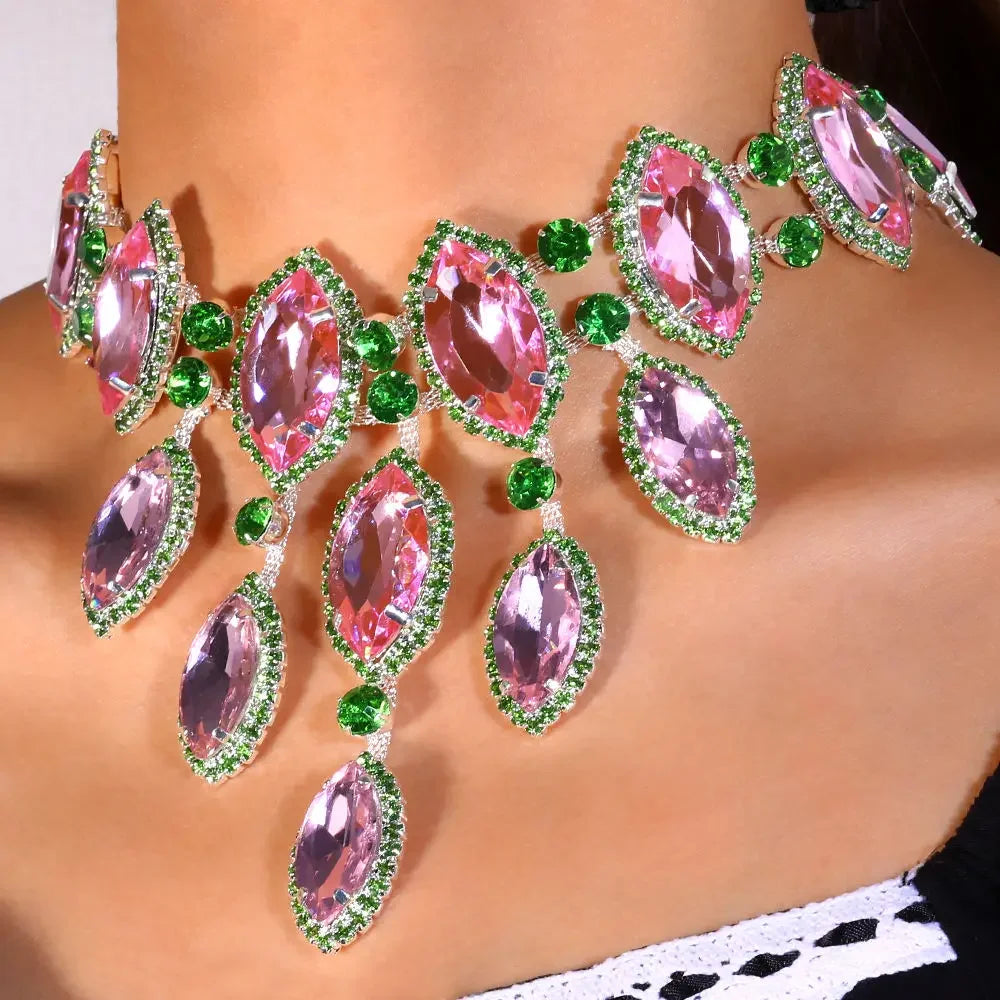 Exaggerated Geometric Pink and Green Rhinestone Necklace