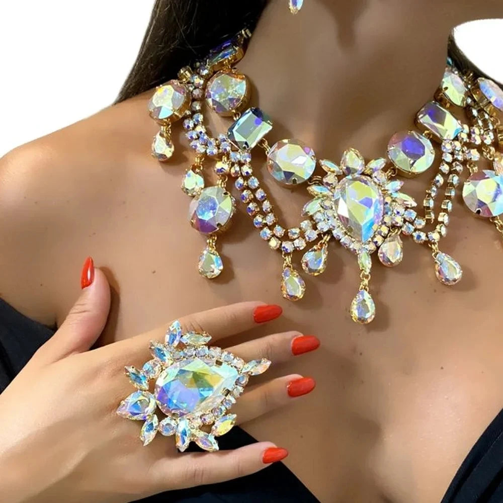 Fashion Colorful Exaggerate Open Rings Rhinestone Decoration Geometric Large Crystal Finger Rings Adjustable Jewelry Gift