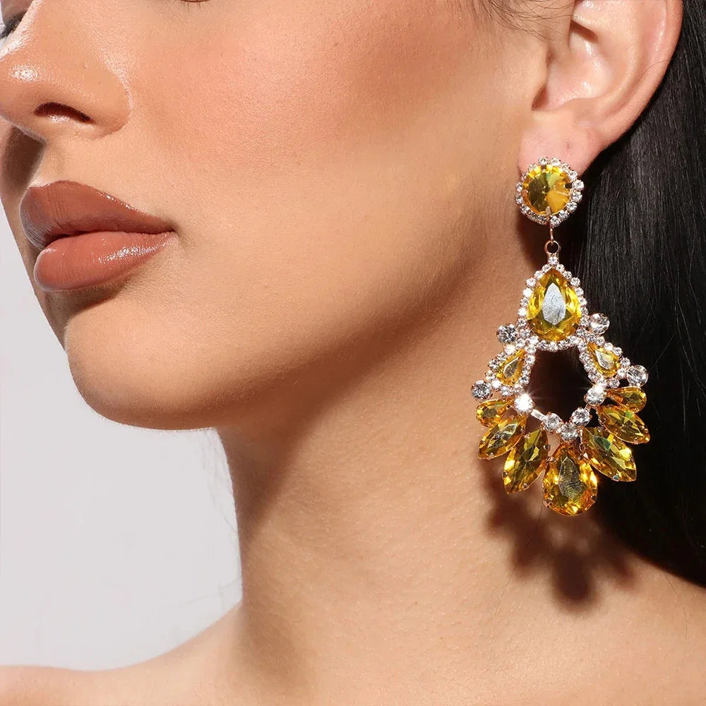 Bohemian Yellow Rhinestone Water Drop Geometric Earrings
