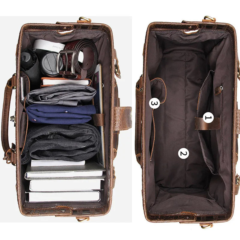 Vintage Crazy Horse Genuine Leather Mens Travel Bag With Lock Big Capacity Crocodile Travel Duffle Bag Male Carry On Luggage Bag