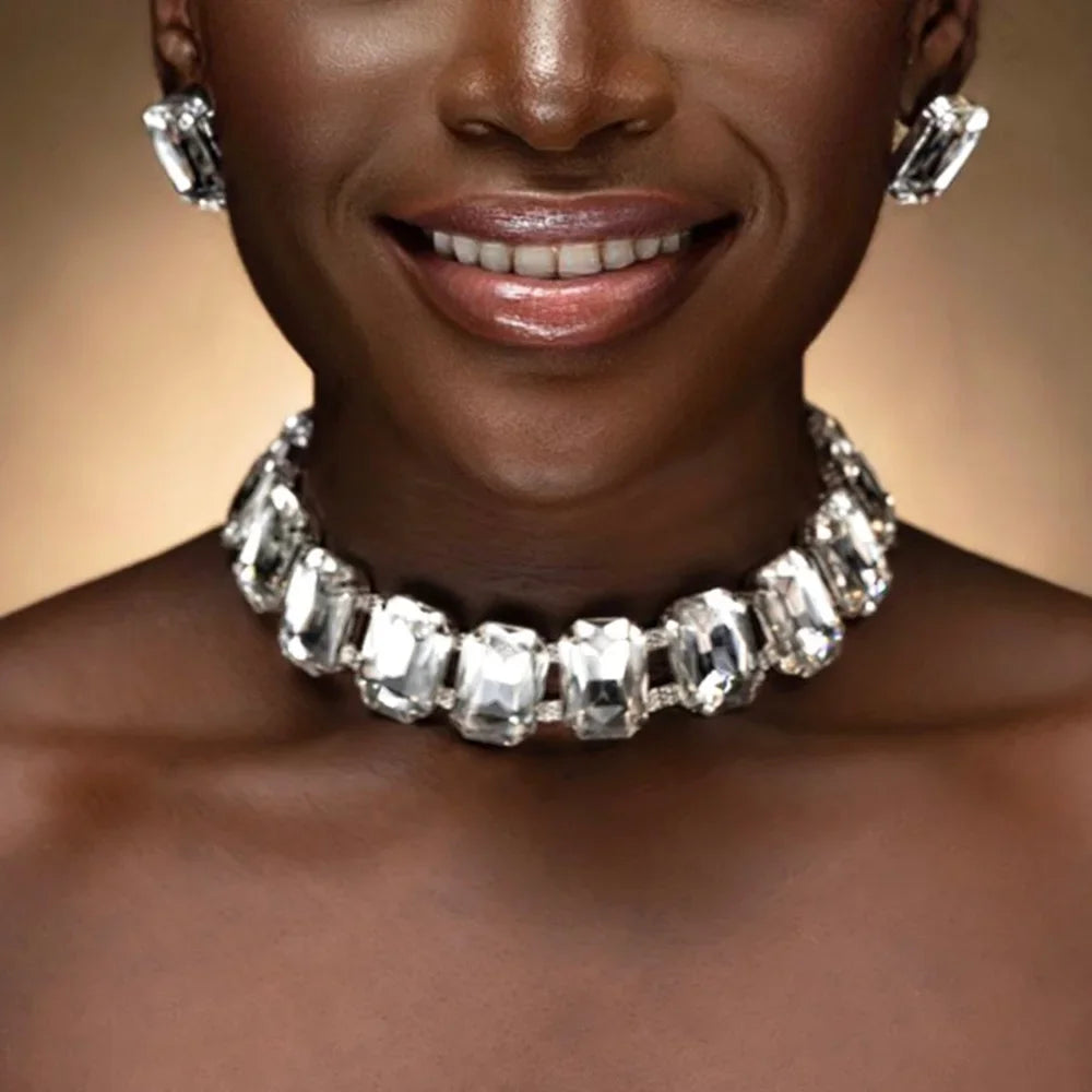 Exaggerated Square Rhinestone Choker Necklace Set
