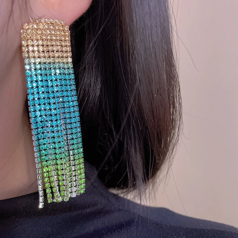 Sparkling Colorful Crystal Rhinestone Long Tassel Earrings