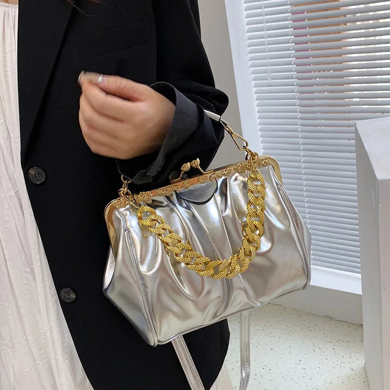 Brand Women Chain Shoulder Bags Kiss Lock Shell Clip Ruched Lady Silver Blue Green Crossbody Bags Pu Leather Handbags And Purse