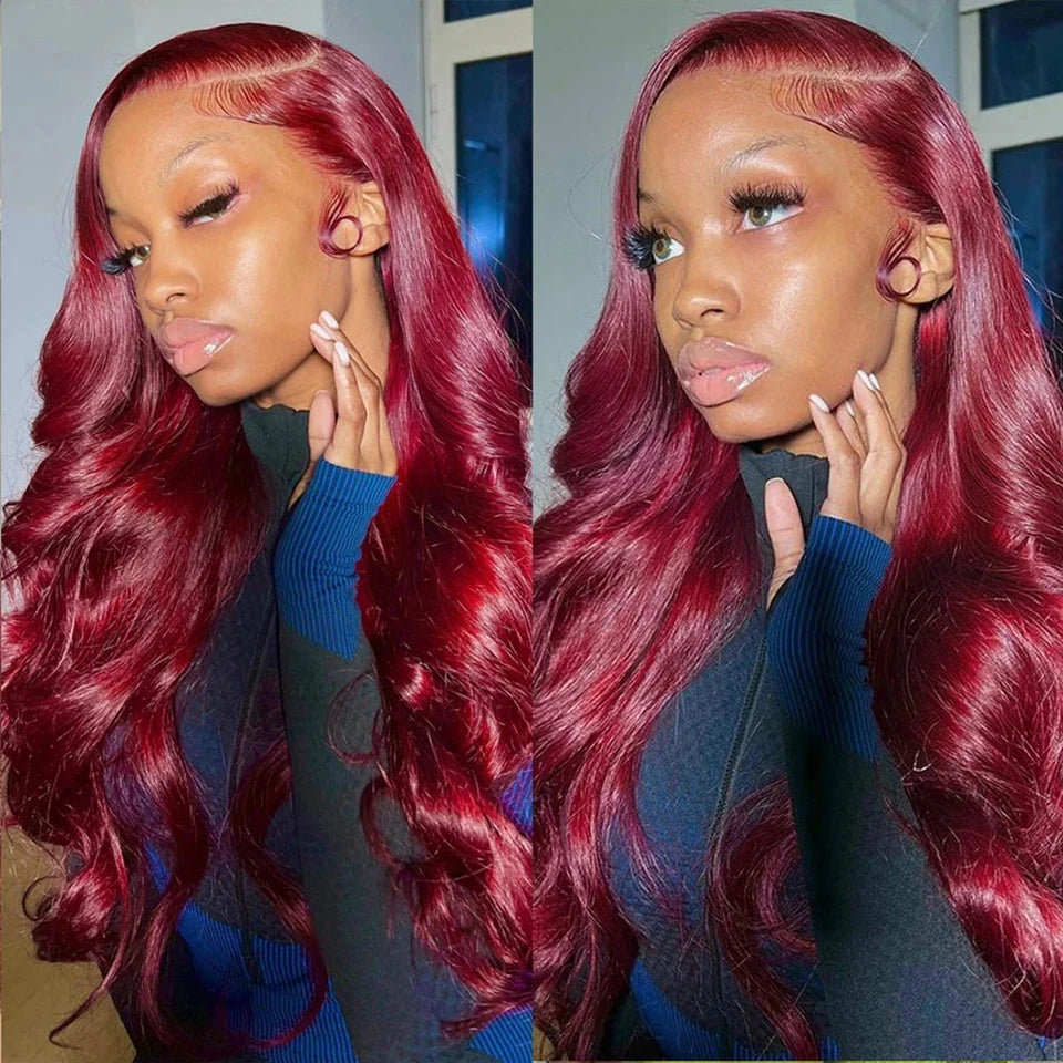 Brazilian Body Wave Wigs 13x4x1 Lace T Part Wig Human Hair Wigs For Black Women 99 Cherry Red Colored Wavy Wig Bleached Knots