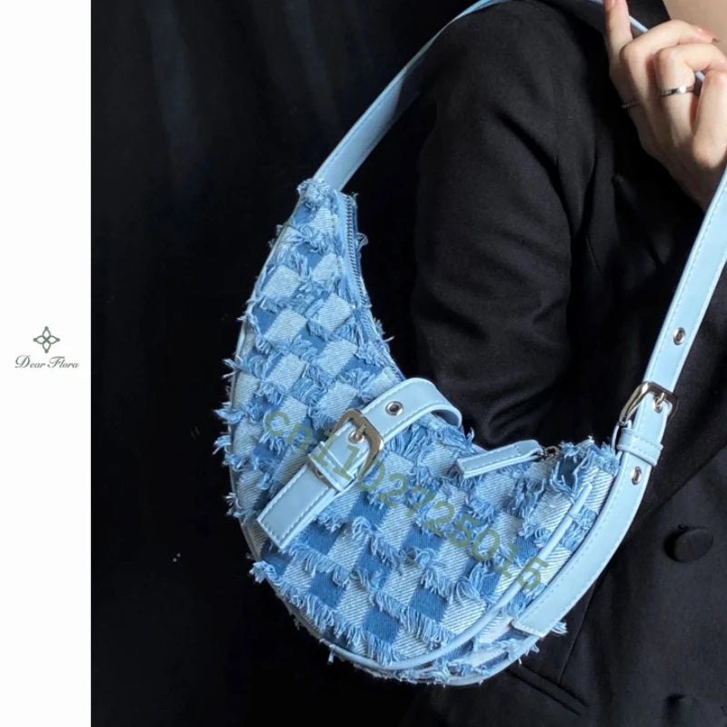 Y2K Vintage Denim Shoulder Bag Half Moon Saddle Bag Harajuku Women Underarm Bag Fashion Handbags Casual Ladies Purses Cowboy Bag