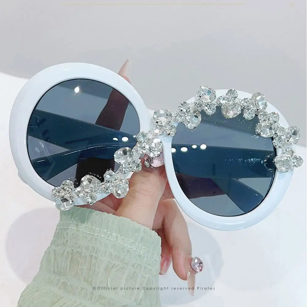 Rhinestone Decor Round Frame Sunglasses Oversized Asymmetrical Design Eyeglasses UV400 Protection Aesthetic Sun Glasses