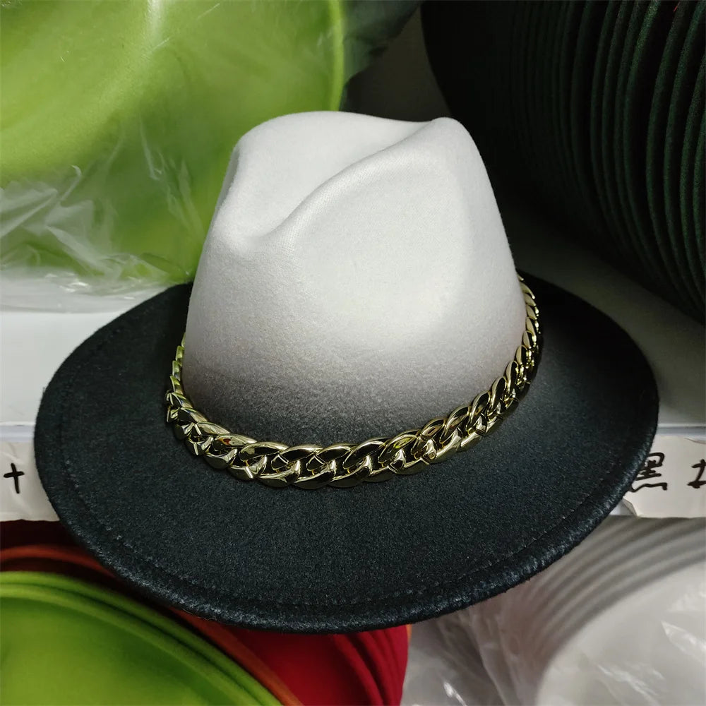 Felt Fedoras Women Patchwork Wide Brim Chain Accessory