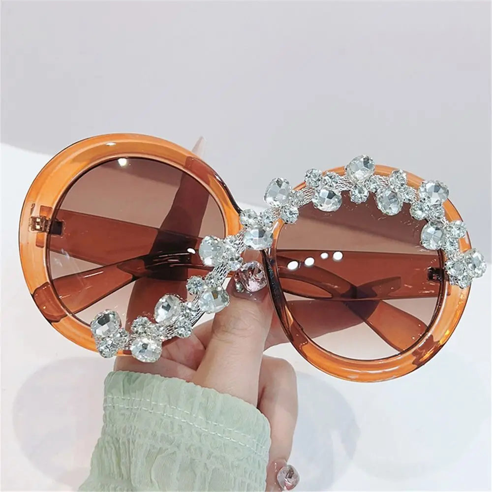 Rhinestone Decor Round Frame Sunglasses Oversized Asymmetrical Design Eyeglasses UV400 Protection Aesthetic Sun Glasses